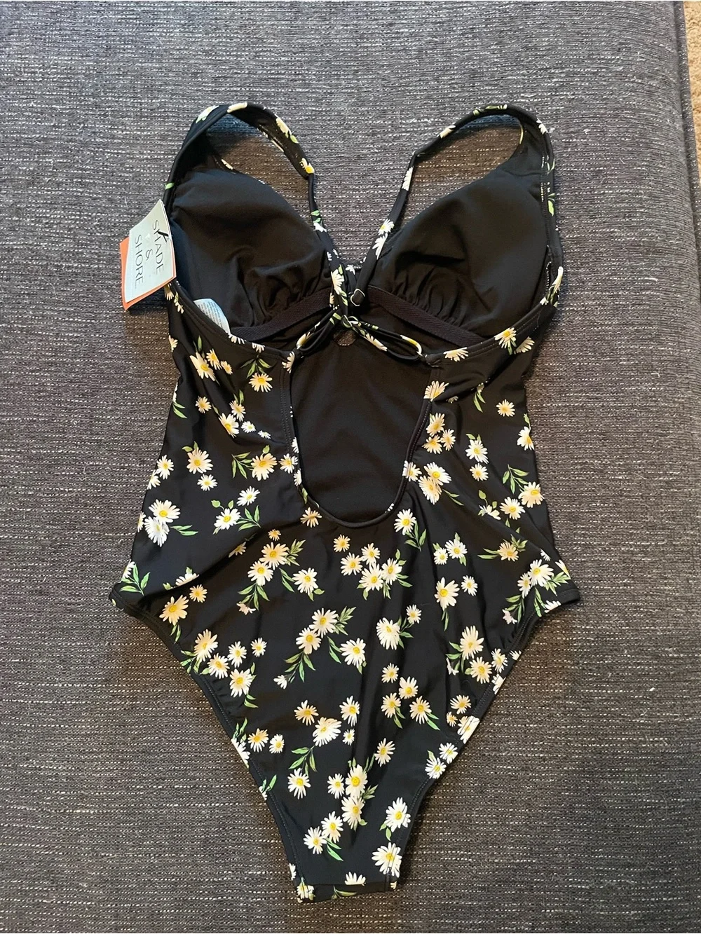 Black Daisy One-Piece Swimsuit with Front Tie